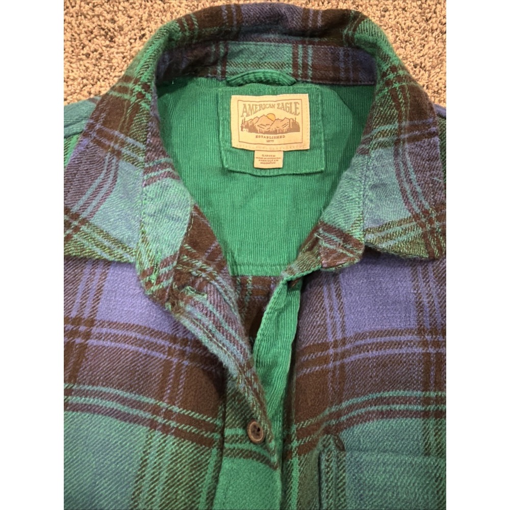 American Eagle Blue Green Plaid Flannel Button Down Shirt Womens Small 3671 - Picture 3 of 7